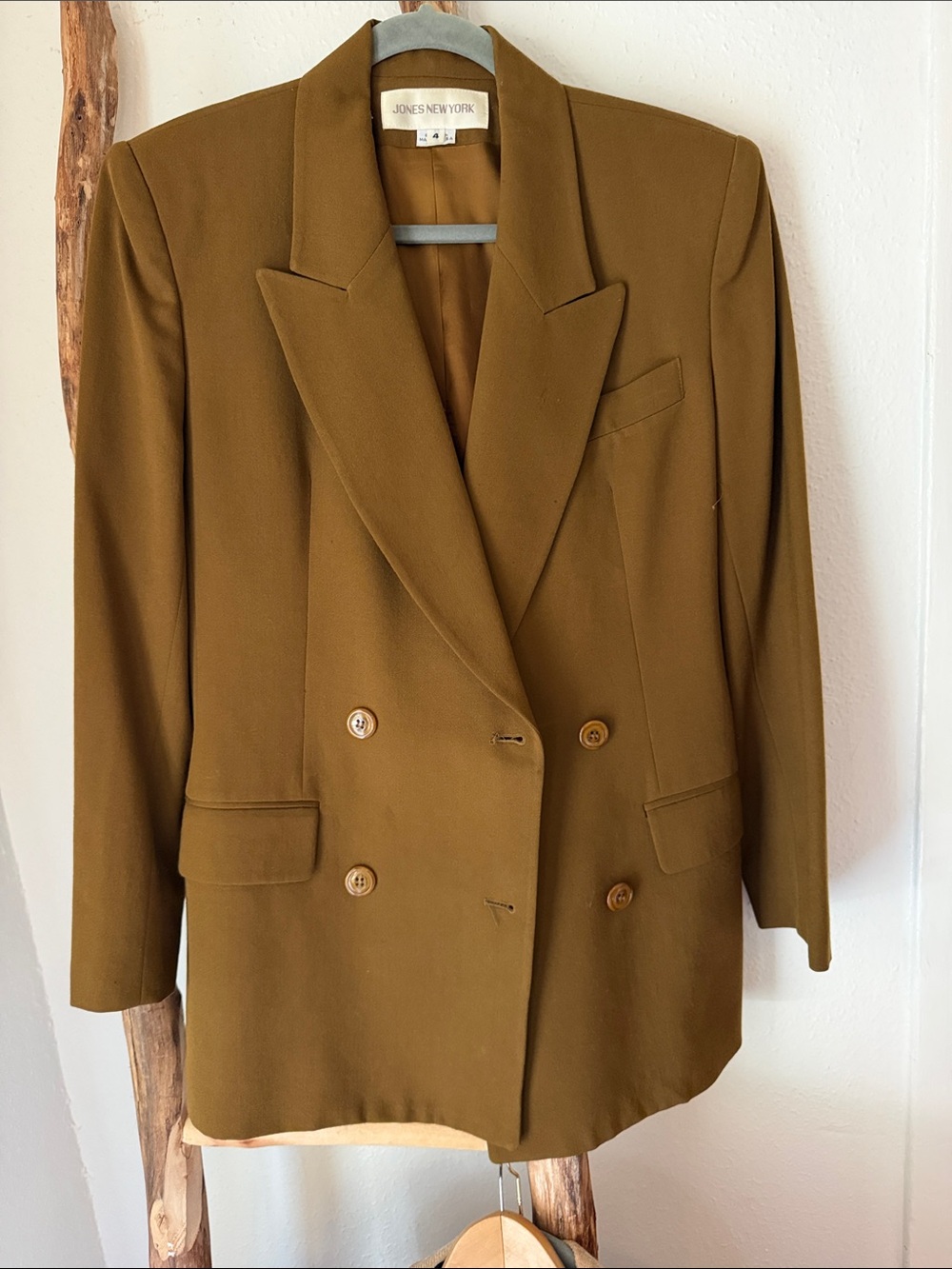Jones New York Vintage Olive Brown Wool Double-Breasted Blazer Size 4 Small